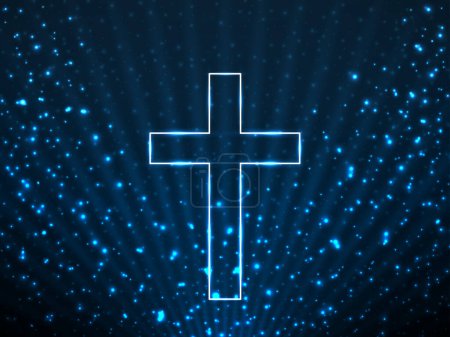 Glühendes christliches Kreuz auf dem Hintergrund glitzern Partikel und glühende Strahlen. Religiöses Symbol. Magische Kulisse