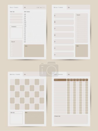 Illustration for Minimalist printable personal planner page templates. Daily, weekly, monthly pages plan format A4. Habit tracker. Vector set of sheet journal for daily routine. Vector illustration - Royalty Free Image