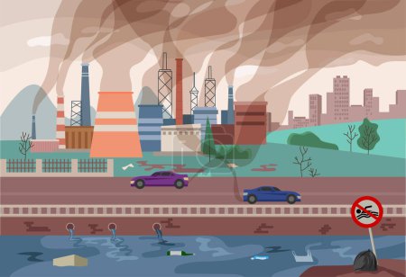 Vector background with environmental pollution. Factory plant smokes with smog, trash emission from pipes to river water. Ecology, nature concept. Vector illustration