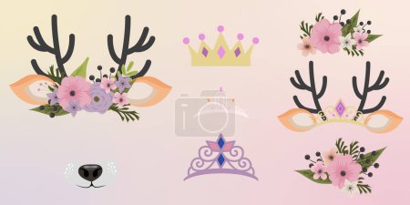 Deer face elements set cartoon flat design ears and noses vector illustration isolated. Reindeer mask filter with flower crown. Vector illustration