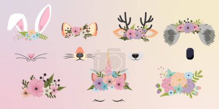 Animal face elements set cartoon flat design ears vector illustration isolated. Rabbit, fox, koala, unicorn deer mask filter with flower crown. Vector illustration