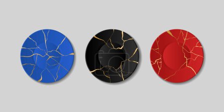 Kintsugi plates, broken plates with golden cracks, japanese art of repair. Repairing cracked pottery with gold, marble pattern plate vector set. Black and blue and red tableware. Vector illustration