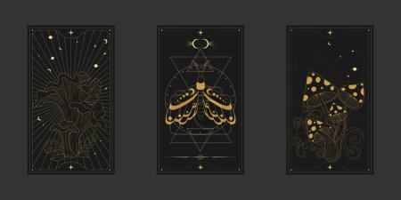 Vector mystic celestial set a with golden outline mushrooms, fly agaric, penny bun, crescents and moon phases. Black occult shiny linear labels with a magical frame stylized as engraving. Vector