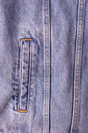 A close-up photo of one element of a common denim jacket