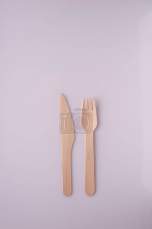 wooden knife and fork disposable eco-friendly tableware on a white background.