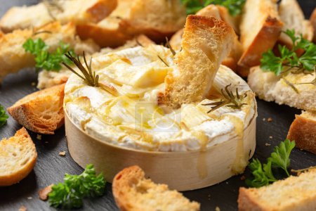 Photo for Baked Camembert cheese with rosemary, garlic and toasted bread. - Royalty Free Image