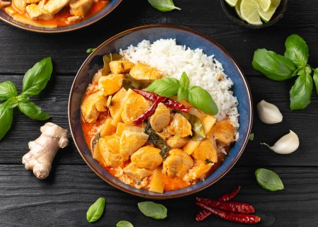 Téléchargez les photos : Curry rouge thaïlandais au poulet, légumes et riz. - en image libre de droit