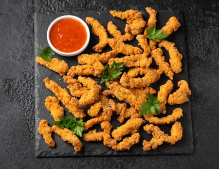 Photo for Crispy Shredded Chicken with sweet chilli sauce served on black slate. Party finger food snack concept. - Royalty Free Image