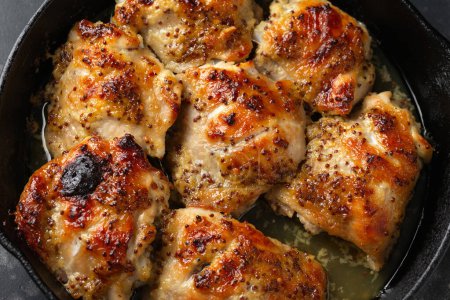 Photo for Baked Honey mustard chicken thighs in iron cast pan. - Royalty Free Image