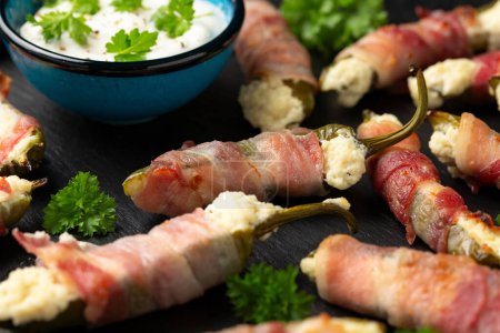 Homemade Bacon Wrapped Jalapeno Poppers with Cream Cheese and herbs