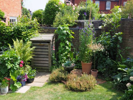 A lovely and neat corner of a back garden with a variety of colourful plants growing in pots