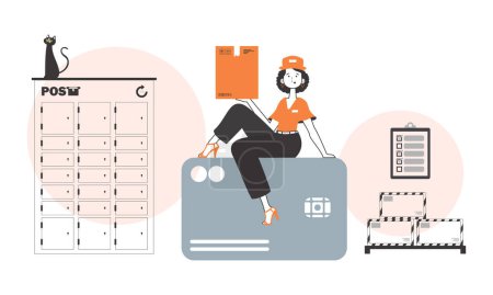 Illustration for The girl sits on a bank card and holds a parcel. Delivery concept. Linear trendy style. - Royalty Free Image