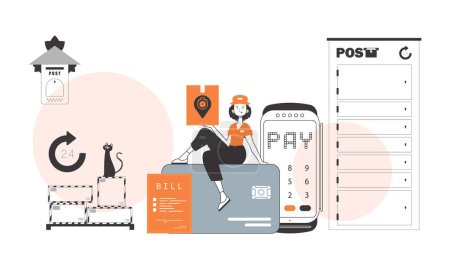 Illustration for A woman sits on a bank card and holds a parcel. Parcel delivery concept. Linear trendy style. - Royalty Free Image