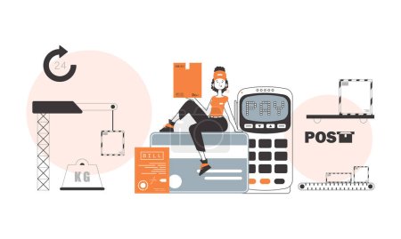 Illustration for A woman sits on a bank card and holds a parcel. The concept of the delivery of goods and parcels. Linear style. - Royalty Free Image