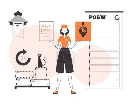 Illustration for A woman holds a parcel and a check in her hands. Delivery concept. Linear modern style. - Royalty Free Image