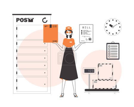 Illustration for A woman holds a parcel and a check in her hands. The concept of the delivery of goods and parcels. Linear trendy style. - Royalty Free Image