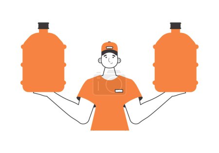Illustration for Water delivery concept. A man holds a bottle of water in his hands. Lineart style. - Royalty Free Image