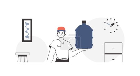 Illustration for Deliveryman. holding a bottle of water in his hands. Water delivery concept. Linear modern style. - Royalty Free Image
