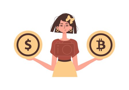 Ilustración de Una mujer tiene un bitcoin y un dólar en sus manos. Carácter en estilo de moda. - Imagen libre de derechos