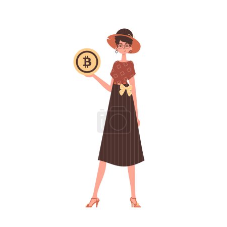 Illustration for A woman holds a bitcoin in her hands. Character in trendy style. - Royalty Free Image