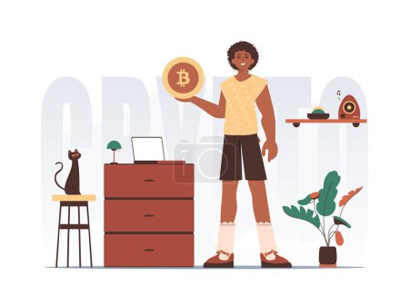 Illustration for Cryptocurrency concept. A man holds a bitcoin in the form of a coin in his hands. Character with a modern style. - Royalty Free Image