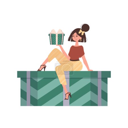 Illustration for A woman sits on a gift. Trendy character style. - Royalty Free Image
