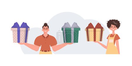 Illustration for The guy and the girl are holding a festive gift box. Gift concept for christmas or new year. - Royalty Free Image