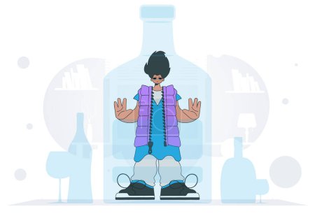Illustration for The concept of treatment for alcohol addiction. The guy is a hostage inside the bottle. - Royalty Free Image
