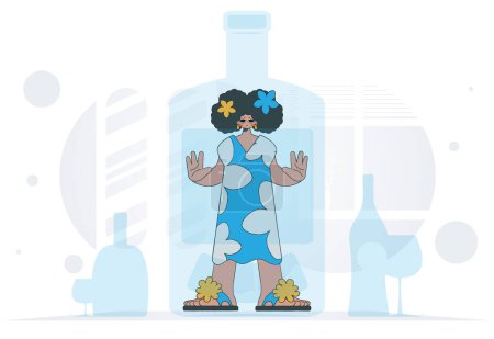 Illustration for The concept of alcohol addiction. The girl is a hostage inside the bottle. - Royalty Free Image