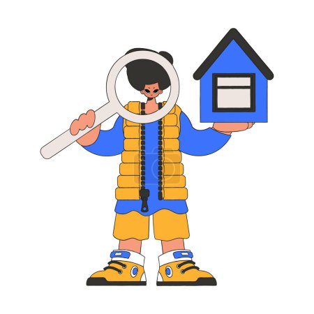Illustrazione per Agente immobiliare maschile in possesso di una casa e una lente d'ingrandimento. Proprietà della casa. - Immagini Royalty Free