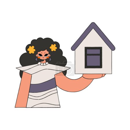 Téléchargez les illustrations : Immobilier fille agent immobilier tenant une maison dans ses mains. Vendre et posséder une maison. - en licence libre de droit