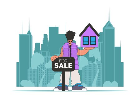 Illustration pour Le concept Propriété immobilière. Guy agent immobilier tenant une maison dans ses mains. - image libre de droit