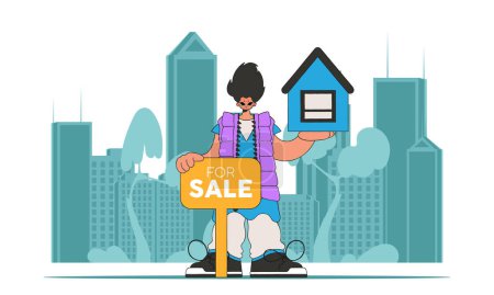 Illustration pour Le concept Propriété immobilière. Agent immobilier gars tenant une maison dans ses mains. - image libre de droit