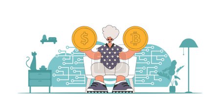 Téléchargez les illustrations : Un homme tient une pièce de Bitcoin et dollar. Concept de crypto-monnaie. - en licence libre de droit