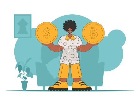 Ilustración de Un hombre tiene un dólar y un bitcoin en sus manos. El concepto de interacción con los activos monetarios digitales. - Imagen libre de derechos