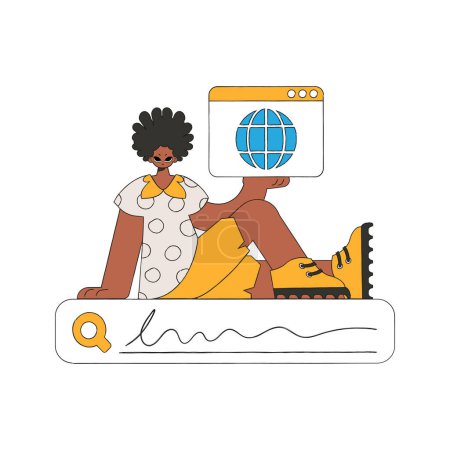 A man sits on a search bar and holds a browser window in his hands. Search for the necessary information on the Internet. Linear retro style character.