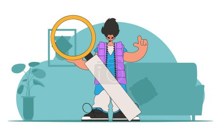 Concept Finding the necessary information on the Internet. The man is holding a magnifying glass. Retro style character.