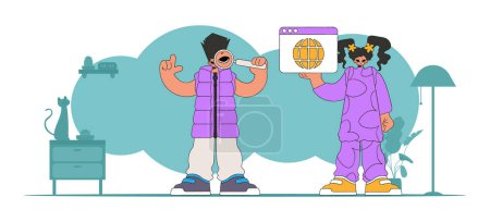 Illustration for A bright and stylish illustration of a guy and a girl help find information on the Internet. Material for educational content. Perfect for adding a modern and tech touch to your project. - Royalty Free Image