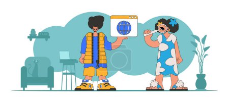 Ilustración de A bright and stylish illustration of a man and a woman help to find information on the Internet. Modern character style. Perfect for adding a modern and tech touch to your project. - Imagen libre de derechos
