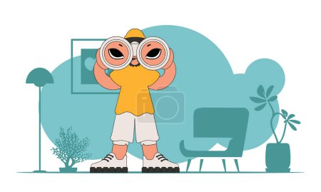 Illustration for Looking for a company of first-class employees. Attractive man using binoculars. - Royalty Free Image