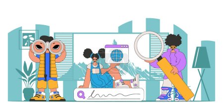 A team of people help find information on the internet. Bright and stylish illustration, modern style character.