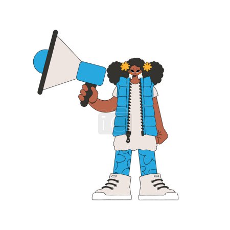 Illustration for A girl with a megaphone, symbolizing the search for people in the labor market. Attracting workers. - Royalty Free Image