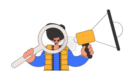 Téléchargez les illustrations : A man with a megaphone, symbolizing the search for people in the labor market. Recruitment and search of personnel. - en licence libre de droit