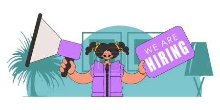 Ilustración de Topic Recruitment and search for personnel. Girl with a megaphone. labor market. - Imagen libre de derechos