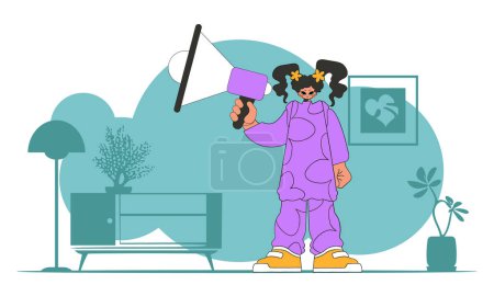 Téléchargez les illustrations : Topic Engagement of employees. Woman with a megaphone. labor market. - en licence libre de droit