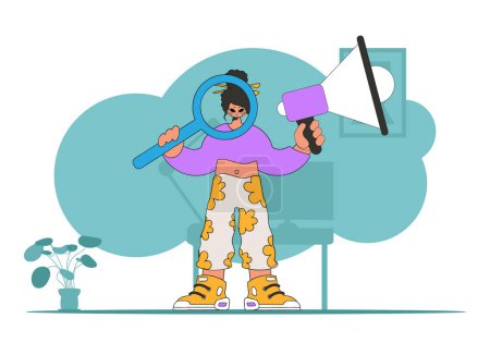Ilustración de Topic Human resource and recruitment. The girl is holding a megaphone in her hands. - Imagen libre de derechos