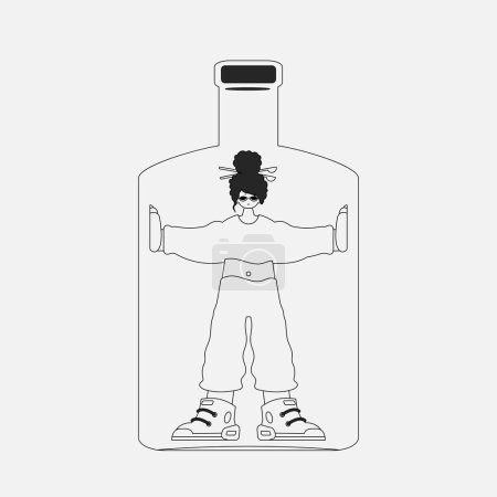 Téléchargez les illustrations : Alcohol addiction. the unique woman is in the bottle. Linear black and white style. - en licence libre de droit