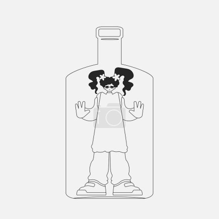 Téléchargez les illustrations : Alcohol addiction. creative woman is in the bottle. Linear black and white style. - en licence libre de droit