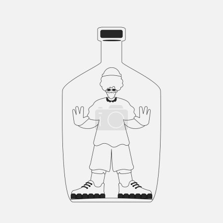 Téléchargez les illustrations : Alcohol addiction. the inspiring man is in the bottle. Newspaper black and white style. - en licence libre de droit