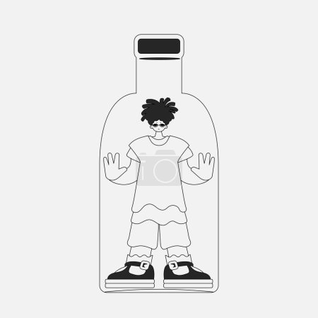 Téléchargez les illustrations : Alcohol addiction. the inspiring man is in the bottle. Linear black and white style. - en licence libre de droit